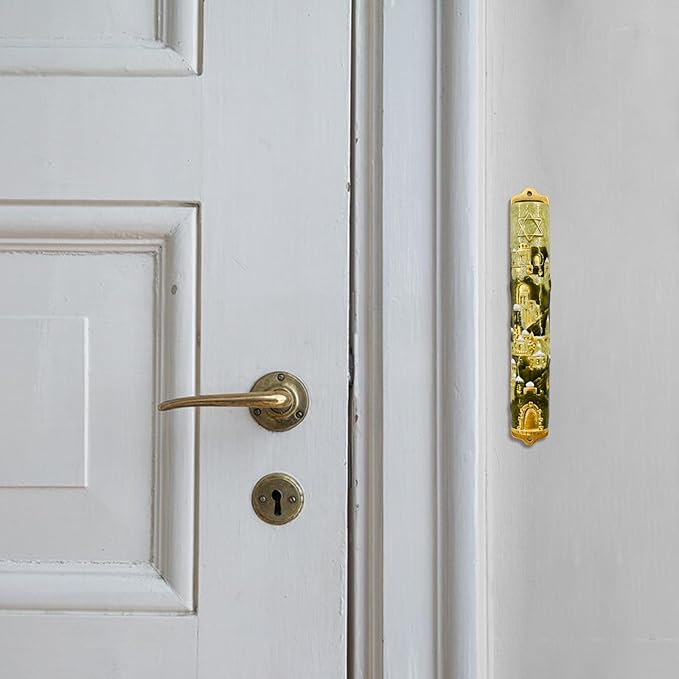 Mezuzah with Scroll for Door, Enamel&Zinc Alloy Blessing Mezuzah Case for Door, Colored Painted Mezuzha Scroll Kosher for Jewish Gifts/Jewish Decor, Christmas (Gold, 5.78 * 0.86 in)