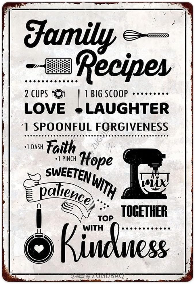 Funny Kitchen Signs Decor-Kitchen Farmhouse Decor-Personalized Kitchen Metal Sign-Retro Kitchen Counter Accessories-12x8 Inch Hanging Plaque Home Wall Decorations-Family Recipes
