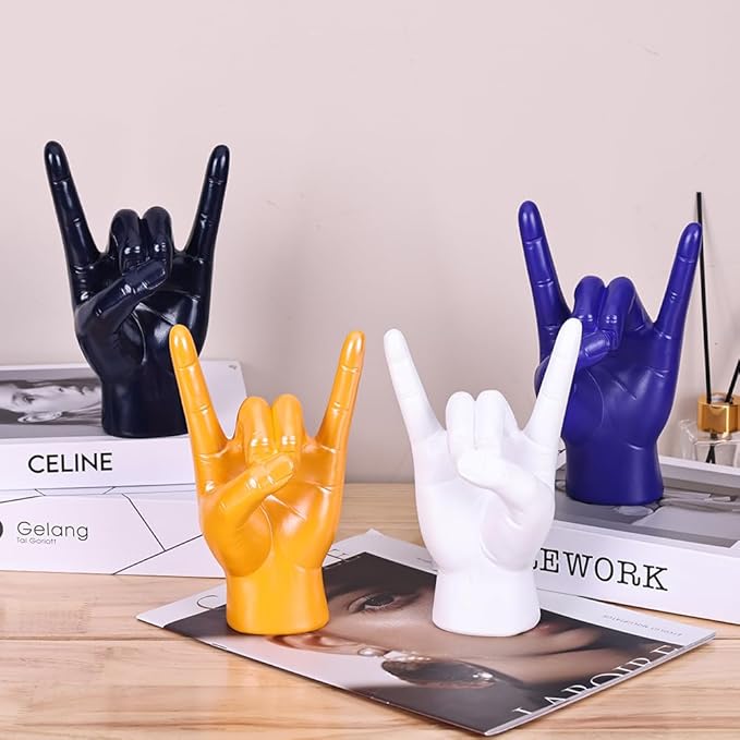 QIANLING 7.7" White Resin Rock On Hand Gesture Statue - Rock Culture Music Lovers' Decorative Tabletop Sculpture for Bookshelf, Desk & Mantel Decor in Home or Office, Modern Symbolic Figurine