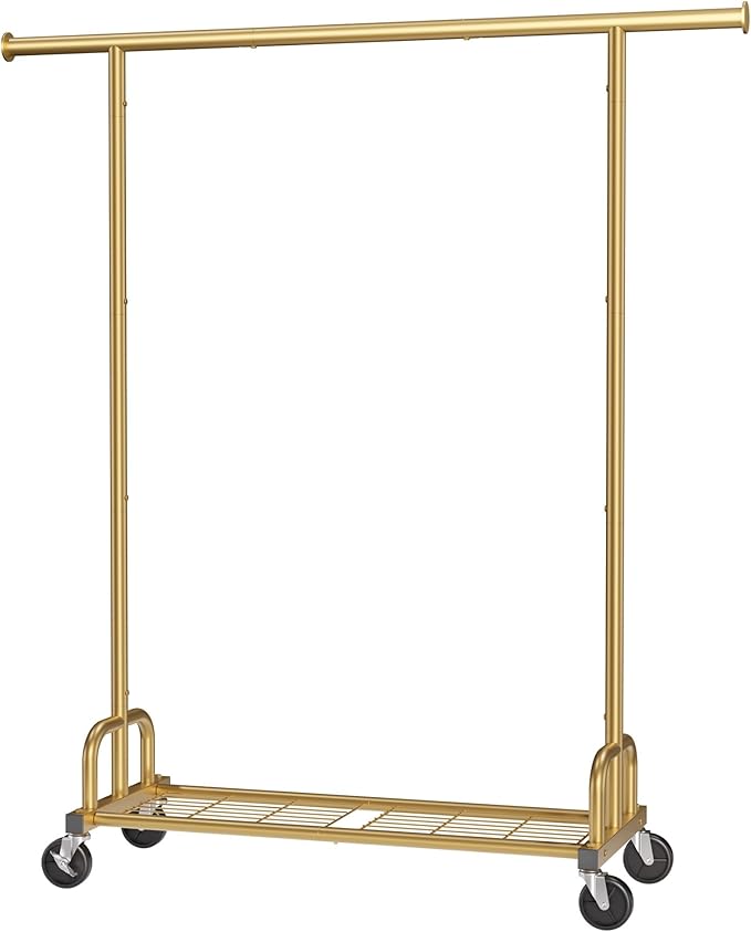 Clothes Rack - Large-Capacity Clothing Racks for Hanging Clothes with Lockable Wheels, Space-Saving Metal Coat Rack for Bedroom, Laundry Room, Entryway, 45.6" x 16.9" x 59", Gold