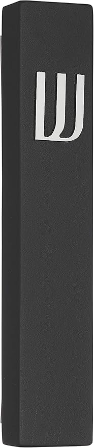 A&S Mezuzot Modern Concrete Mezuzah Case with Scroll, Easy Peel and Stick Mezuza (Black+ Silver Shin, 7 Inches)