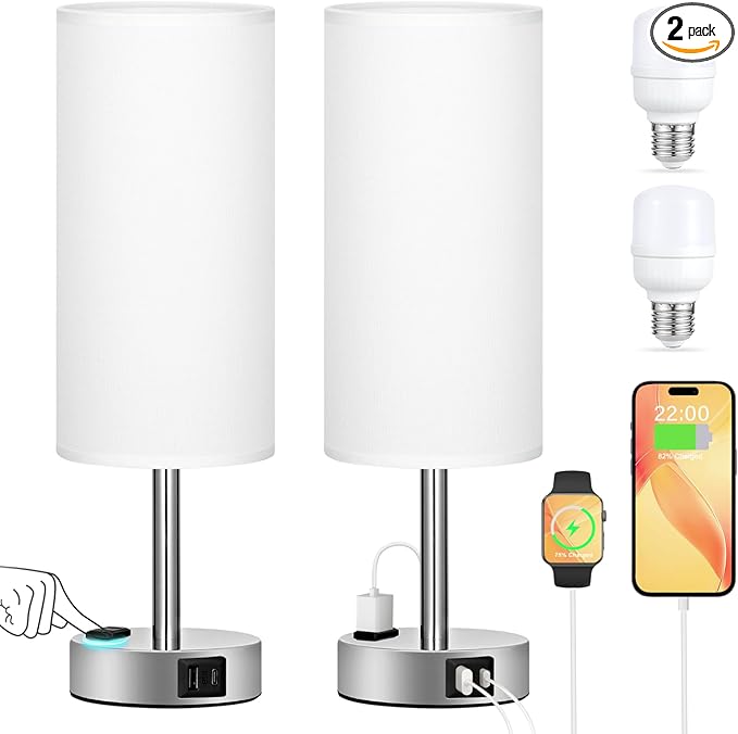 PartageiZ White Touch Nightstand Lamps Set - 3 Way Dimmable Bedside Table Lamp for Bedroom with USB Ports, Small Lamps with AC Outlet for Girls Dorm Nursery, Silver Base