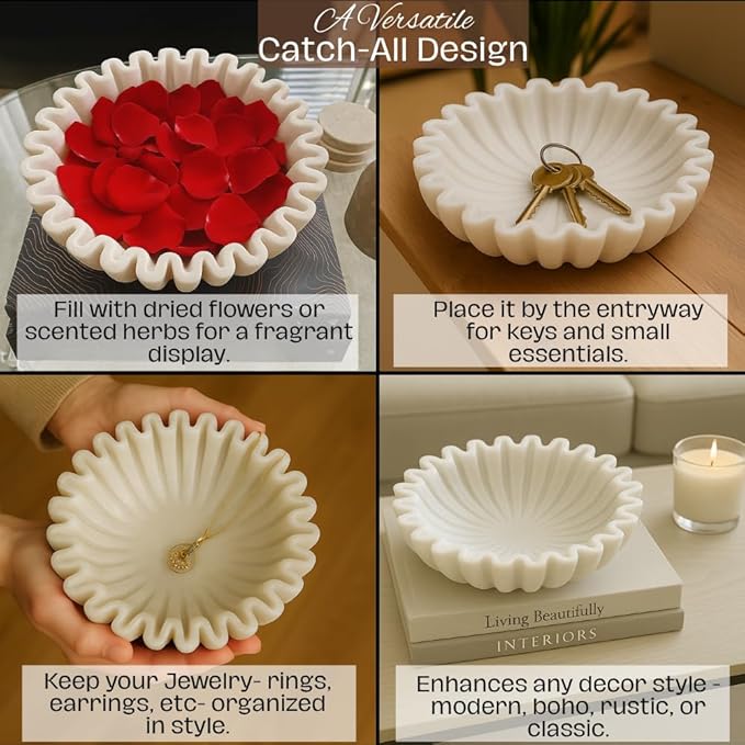SWADESHI BLESSINGS HandCrafted Marble Ruffle Bowl/Antique Scallop Bowl/Fruit Bowl/Vintage Ring Dish/Decorative Flower Dish/HouseWarming Gift/Wedding Gifts/Urli (7 Inches)