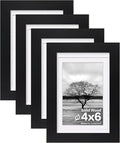 Egofine 4x6 Picture Frames Set of 4, Made of Solid Wood Covered by Plexiglass 3x4.5 and 3.5x5 with Mat or 4x6 without Mat, for Table Top Display and Wall Mounting Photo Frame Black