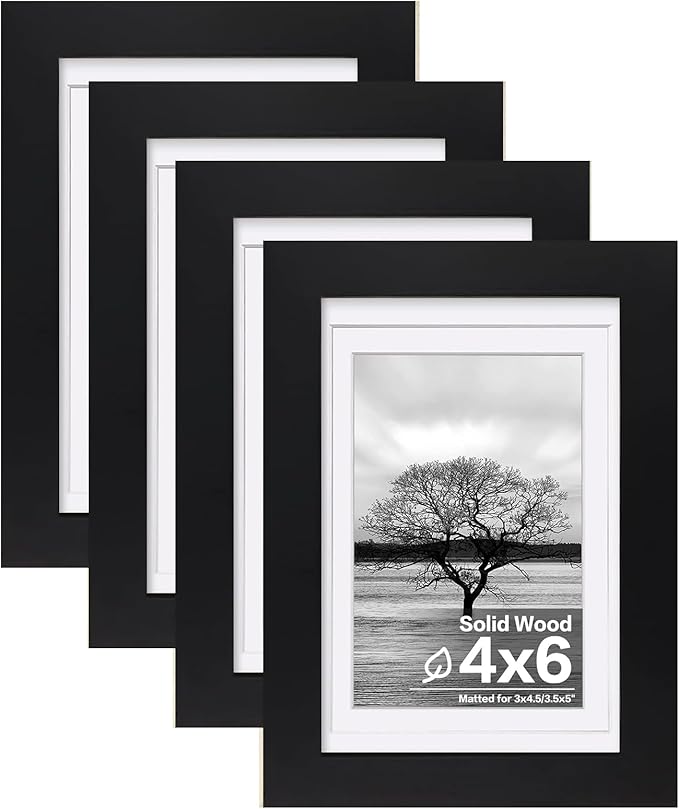 Egofine 4x6 Picture Frames Set of 4, Made of Solid Wood Covered by Plexiglass 3x4.5 and 3.5x5 with Mat or 4x6 without Mat, for Table Top Display and Wall Mounting Photo Frame Black