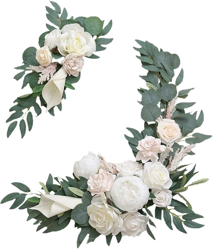 CDQL 2Pcs Wedding Welcome Sign Floral Decoration,Artificial Flower Swag Wedding Arch Decor, Wedding Flower Swag for Wedding Ceremony and Reception Arrangement (White)