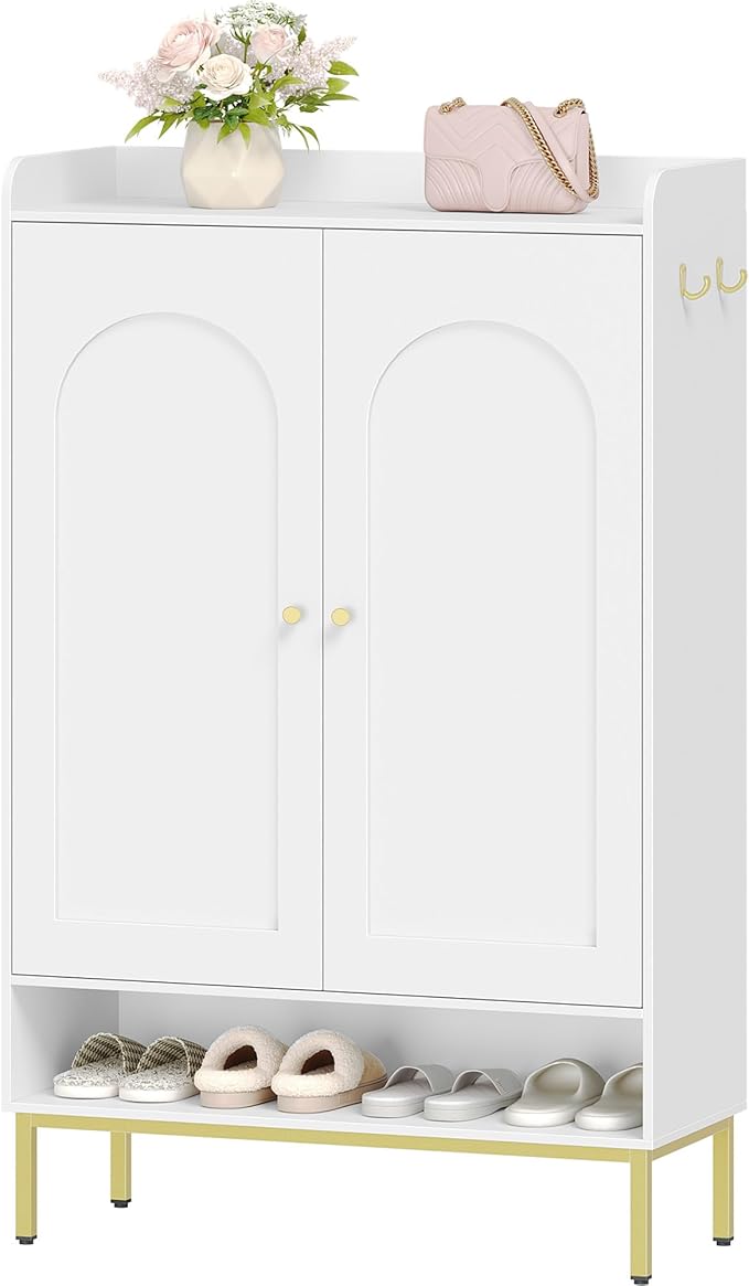 Shoe Cabinet with Doors, 7-Tier Shoe Storage Cabinet with Adjustable Shelves, Wooden Shoes Organizer Cabinets with Top Storage Layer, 28-32 Pairs, for Entryway, Hallway, White SR68703A