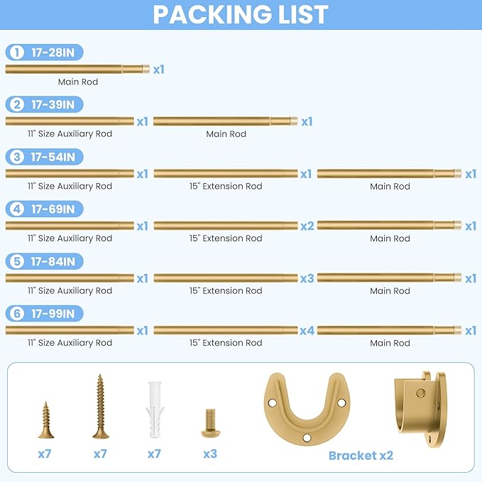 Closet Rods for Hanging Clothes, 17 to 84 Inch Heavy Duty Stepless Adjustable Closet Hanging Rod, 1.3 Inch Diameter Metal Closet Rod for Wardrobes Laundry Bedroom RV, Gold