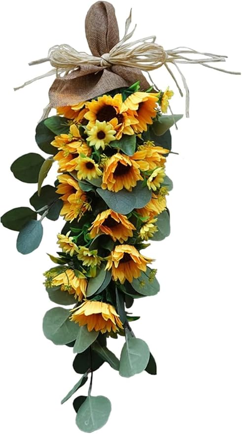 Spring Sunflower Swag, Sunflower Teardrop Swag with Eucalyptus Leaves Front Door Sunflower Swags Wreath for Wedding Arch Front Door Wall Decor