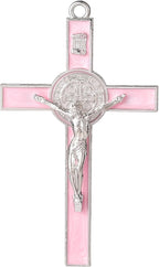 VINETEN Crucifix - Saint Benedict Crucifix Wall Cross Give Blessing and The Spiritual Sacred Pink Enamel Wall Cruciifx for Girl 5 Inch