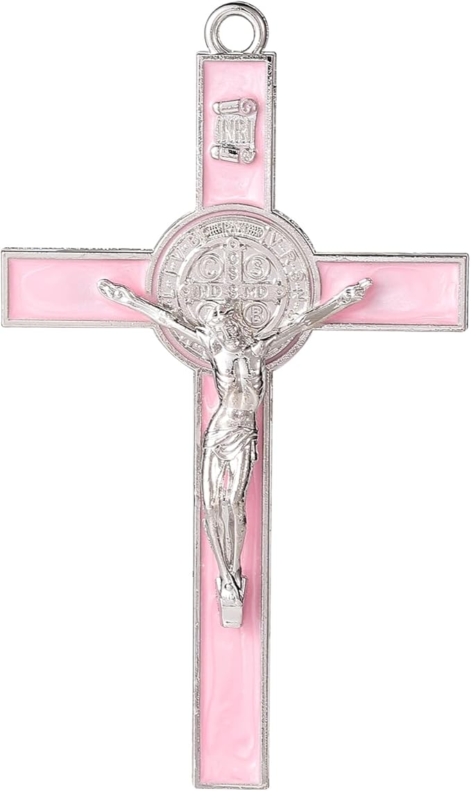 VINETEN Crucifix - Saint Benedict Crucifix Wall Cross Give Blessing and The Spiritual Sacred Pink Enamel Wall Cruciifx for Girl 5 Inch