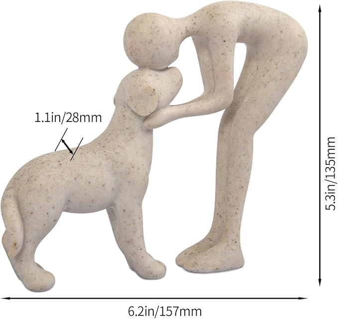 Abstract Resin Hand-Painted Sculpture of Person and Dog Bonding – Head-to-Head Intimate Figurine Decoration for Office、Living Room、Bedroom、Home， Memory Gifts for Pet Lovers (Sandstone)