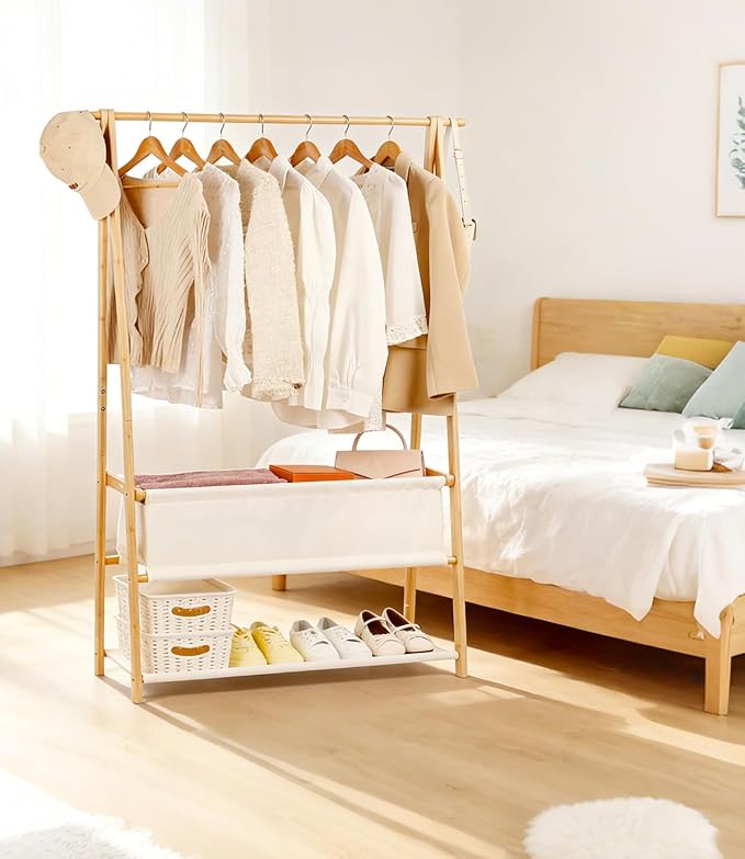 Bamboo Clothes Rack with Storage Box and Storage Shelf, Portable Extra Large Garment Rack Clothing Rack, Foldable Wardrobe For Entryway and Bed Room (M - 39.4 Inch)