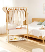 Bamboo Clothes Rack with Storage Box and Storage Shelf, Portable Extra Large Garment Rack Clothing Rack, Foldable Wardrobe For Entryway and Bed Room (M - 39.4 Inch)