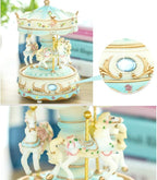 Carousel Music Box with 3 Rotating Horses, Color-Changing LED Lights, Wind-Up Clockwork 18-Note Melody, Small Resin Tabletop Decor, 5.9" Tall x 3.93" Dia (Blue)