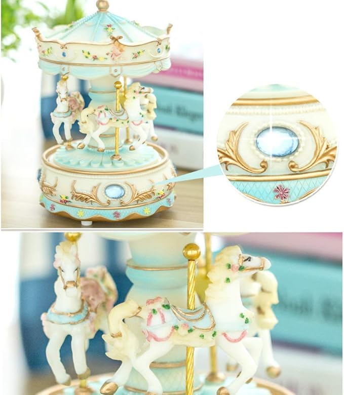 Carousel Music Box with 3 Rotating Horses, Color-Changing LED Lights, Wind-Up Clockwork 18-Note Melody, Small Resin Tabletop Decor, 5.9" Tall x 3.93" Dia (Blue)