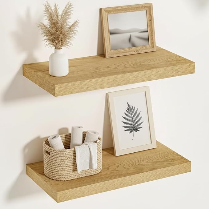 Vivelove 12 Inch Deep Floating Shelves 16 inch Long, Over Toilet Shelf with Invisible Brackets, for Bedroom Bathroom Living Room Kitchen Office, Rustic Farmhouse Decor, 15.7X12X1.5 Set of 2, Oak