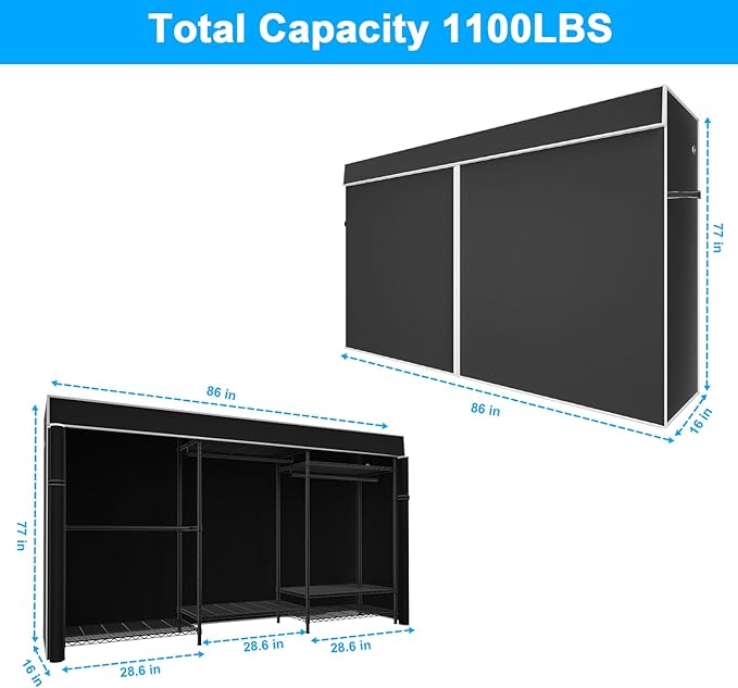Ulif E13C Max Heavy Duty Closet Organizer System，Freestanding Clothing Racks for Hanging Clothes，Adjustable Garment Rack 86" W x16 D x77 H Hold 1100 lbs，Black Rack with Black Dustproof Cover