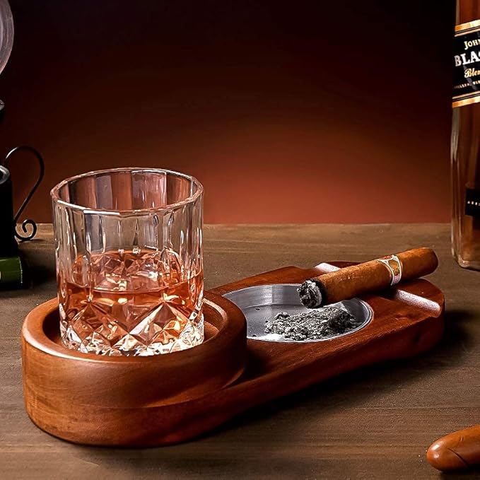 Father Day Gifts Cigar Ashtray Coaster Whiskey Glass Tray and Cigar Holder, Wooden Ash Tray, Slot to Hold Cigar, Cigar Rest Cigar Accessory Set Gift for Men Dad, Great Decor for Home (Classic)