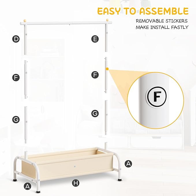 MISSLO Kids Clothing Rack with Basket Small Dress Up Storage Short Toddler Dress Up Rack Kids Closet for Baby Clothes, White