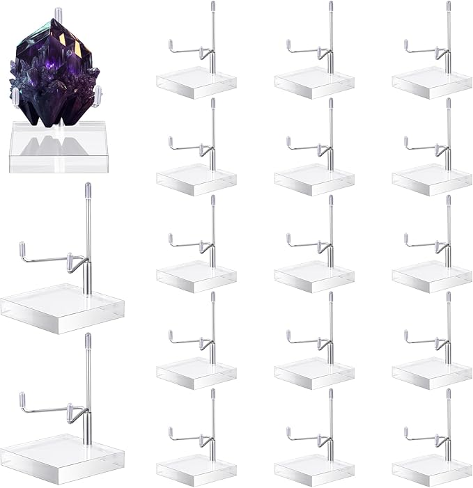RattanView 16 Pcs Crystal Holder Easel Display Adjustable Metal Arm Display Stand with Acrylic Base Easel Rock Mineral Stand for Gemstone Fossils Geodes Mineral Agate Collection(Silver)