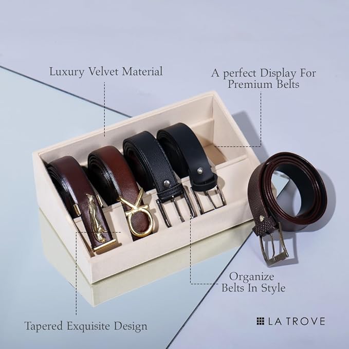 5 Slot Belt Organizer Tray, Velvet Drawer Insert for Men’s Belts, Belt Storage Organizer for Closet & Drawer, Cream