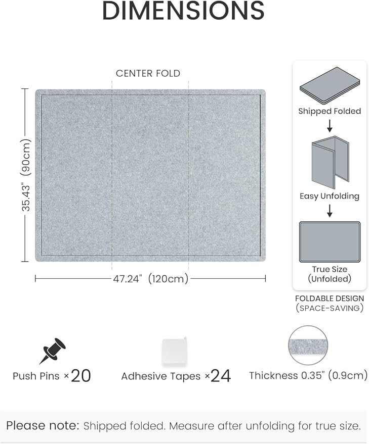 Fluxynara Large Bulletin Board, 47.2" x 35.4" Cork Board Alternative with 24 Safe Removable Adhesive Tabs, Foldable Felt Pin Board for Home Office, Classroom, Bedroom,Entryway for Walls—Blue Gray
