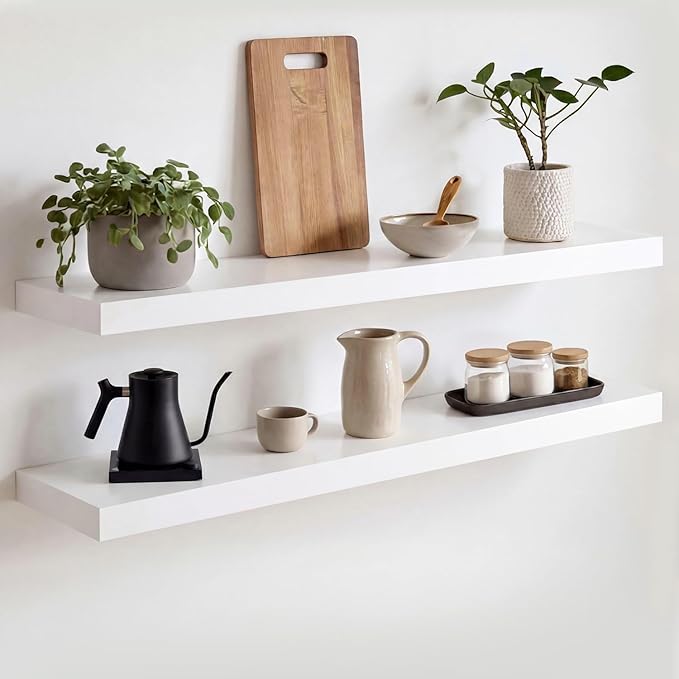 Homeforia White Floating Shelves 30 inch, High End Solid Real Wood 30inch Floating Shelf for Wall Mounted, White Wooden 30in Long Floating Shelves, Heavy Duty Bracket, 30 X 6.5 X 1.75 inches, Set of 3