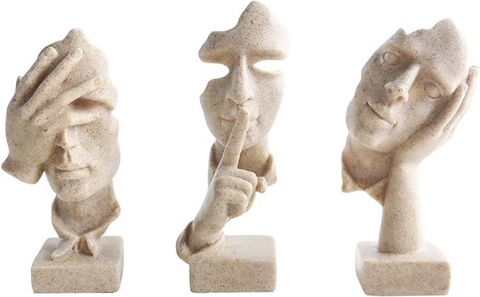 aboxoo 3 Pcs Thinker Statue, Silence is Gold, See No Evil Hear No Evil Speak No Evil Statues, Modern Resin Sculptures Decor for Living Room, Home, Office Study (Sandy)