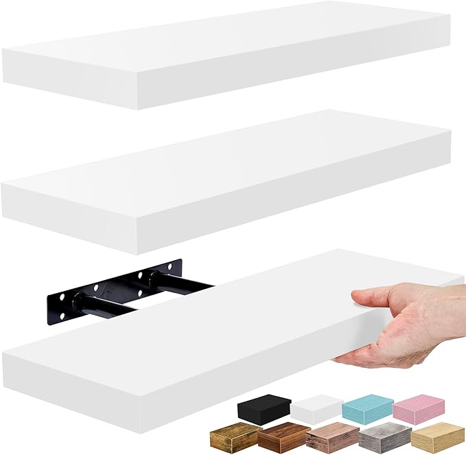 Sorbus Floating Shelves for Wall – 16 Inch Floating Shelf for Kitchen, Bedroom, Living Room, Bathroom, Home & Wall Decor - Mounted Bathroom Shelves with Invisible Brackets (White, 3 Pack)