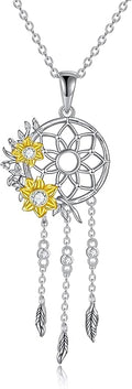 Dream Catcher Pendant Necklace 925 Sterling Silver Synthetic Moonstone Crystal Sunflower Rose Flower Evil Eye Dreamcatcher Cremation Jewelry Gifts for Women Wife Mom
