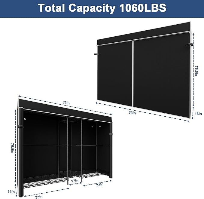 Ulif E12C Max Heavy Duty Closet Organizer System，Freestanding Clothing Rack, Adjustable Garment Rack 83" W x 16" D x 76.5" H Holds 1060 lbs, Black Clothing Rack with Black Dustproof Cover
