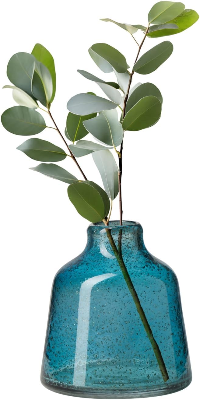 Torre & Tagus 6 Inch Tall Blue Glass Vase with Gold Flakes, Mouth Blown Glass Vase Blue Flower Vase Centerpieces, Watertight for Hydroponic Plants, Coastal Decor Accents (Marina)