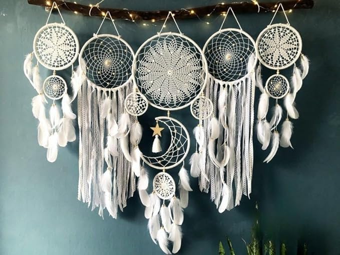 5 Pack Moon Phase Dreamcatcher Set Boho Wall Decor, Boho Macrame Wall Hanging Dream Catchers, for Home, Bedroom, Living Room, Witchy Gifts (White)