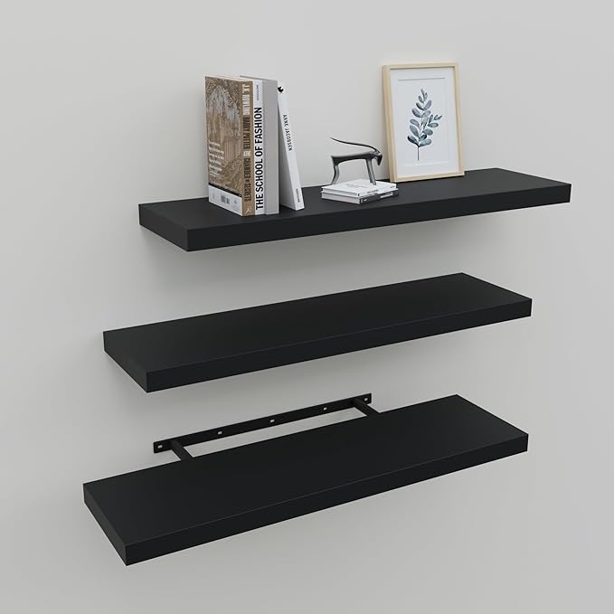 Upassion Floating Shelves for Wall Set of 3, 24" Black Wall Shelves for Home Decor, Frame Display Black Floating Shelf for Living Room, Bedroom, Bathroom, Kitchen