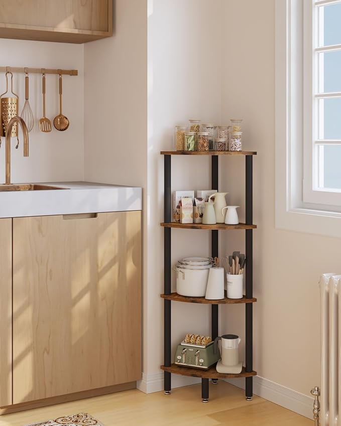 IBUYKE 4 Tier Corner Shelf Stand,Industrial Corner Display Rack,Corner Bookshelf for Living Room, Bedroom, Kitchen, Home Office, Brown WBC014H