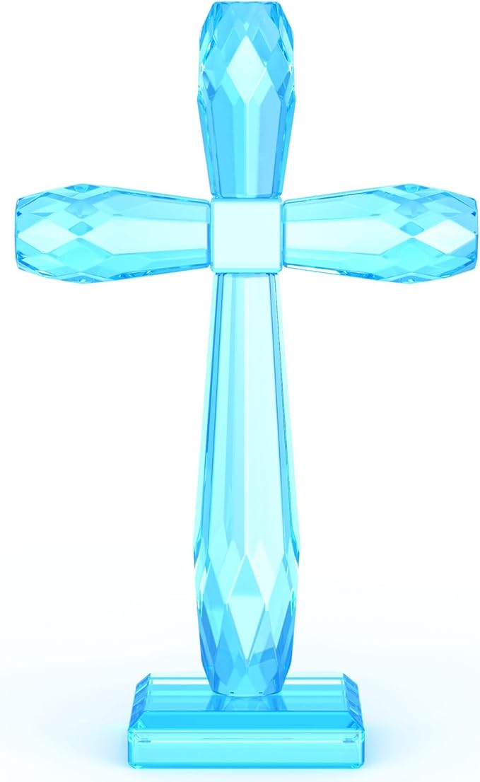 YWHL Handmade Crystal Holy Cross Decor, Religious Gifts for Women Men, Easter Pary Decor, Glass Art Collectible Figurines for Home Table (Lake Blue)