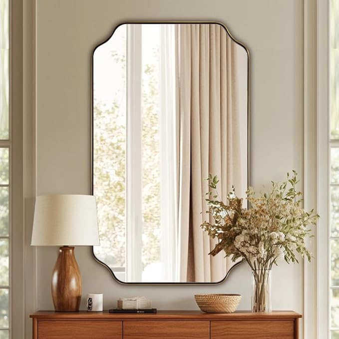 ANDY STAR 24"x40" Gold Mirror, Brushed Brass Scalloped Wall Mirror, Unique Rectangle Mirror, Bathroom Vanity Mirror in Anti-Rust Stainless Steel Metal Frame 1’’ Deep, Hangs Vertically/Horizontally