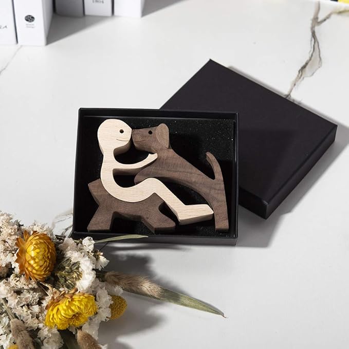 ISHINE Handmade Wood Decor Sculptures, Sitting Man and Dog Statue, Carved Creative Home Office Gift Decoration Natural ECO Friendly