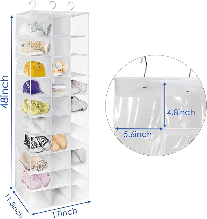 coastal rose Hanging Shoe Closet Organizer, 30 Sections Hanging Closet Organizers and Storage Shelves with 6 Mesh Pockets, Space Saving Shoe Rack Holder Hanger, White