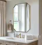 ANDY STAR 26"x38" Gold Mirror, Brushed Brass Scalloped Wall Mirror, Unique Rectangle Mirror, Bathroom Mirror in Anti-Rust Stainless Steel Metal Frame, 1’’ Deep Wall-Mounted Vertically/Horizontally
