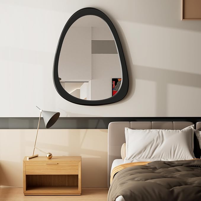 28"x 22" Irregular Wall Mirror, Black Frame Wood Asymmetrical Decorative Wall Mirror for Living Room Bedroom Entryway Bathroom Home Decor