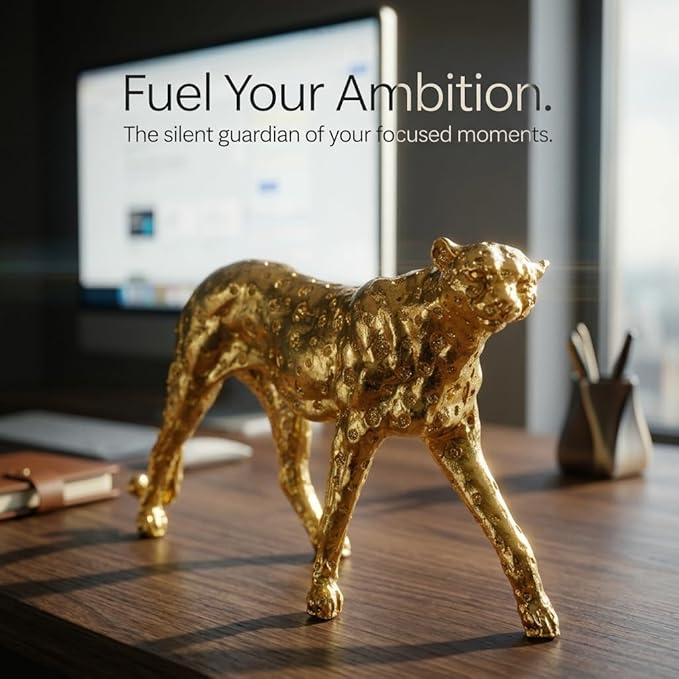 Gold Cheetah Statue Home Decor Modern Resin Leopard Sculpture Geometric Animal Figurine for Living Room Office Tabletop Centerpiece, Large 12.4"