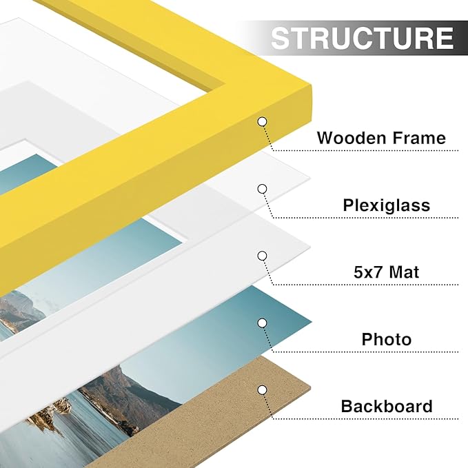 Vittanly 8x10 Picture Frames Set of 9, Shatter Resistant Plexiglass, Display 5x7 Pictures with Mat or 8x10 without Mat, Photo Frames for Wall or Tabletop, Engineered Wood, Yellow