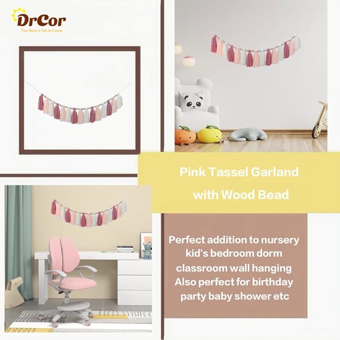 DrCor Pastel Pink Boho Tassel Garland – Blush Nursery Wall Decor for Girls Bedroom, Kids Room or Dorm, Gender Reveal or Baby Shower Backdrop, Bohemian Mantel or Entryway Decoration