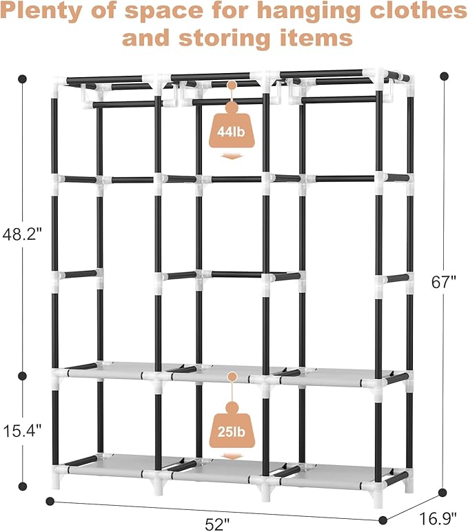 VTRIN Portable Closet Wardrobe for Hanging Clothes Closet with Cover, 3 Hanging rods, 6 Storage Shelves and Side Pocket, Diameter 19mm Metal Pipe, Sturdy Free Standing Closet for Bedroom, Black