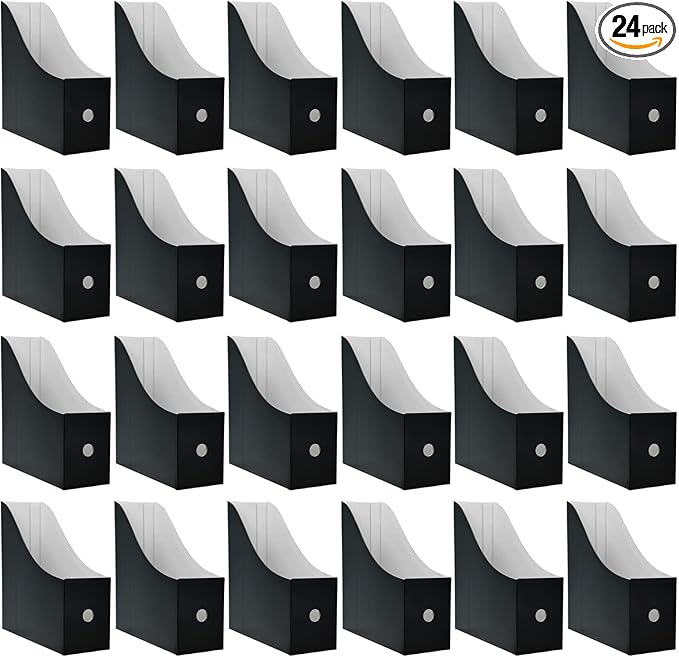 Limitliho 24 Pack Black Cardboard Magazine Holder, Sturdy Book Bins for Classroom Library, 10.6'' ×10.2'' ×3.5'' Inch Vertical File Folder Box