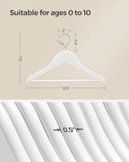 SONGMICS Kids Wooden Hangers 20 Pack, Solid Wood Baby Hangers, Children's Coat Hangers with Pants Bar, Shoulder Notches, Swivel Hooks, 12.6 x 7.5 Inches, White and Silver UCRW006W20