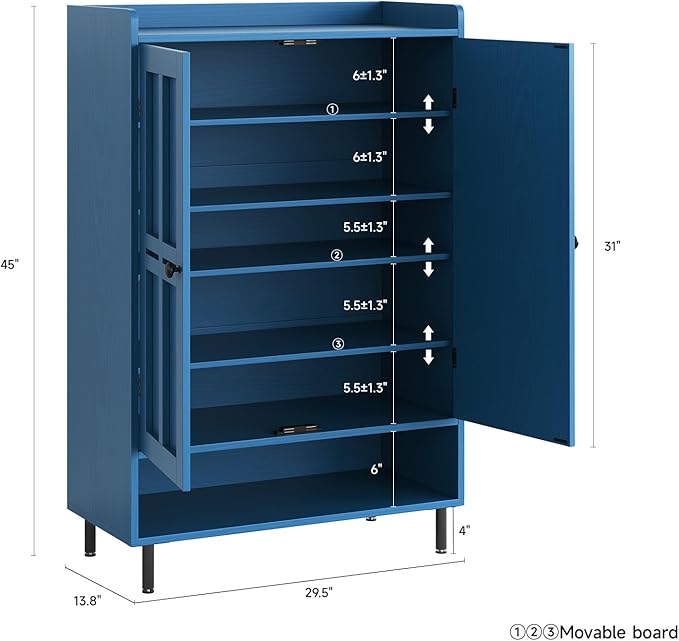 ONBRILL Shoe Cabinet with Cross Molding Doors, 6-Tier Shoe Storage Cabinet with 3 Adjustable Shelves and Metal Legs, 45'' Tall Shoes Rack Organizer Cabinet for Entryway, Front Door, Blue