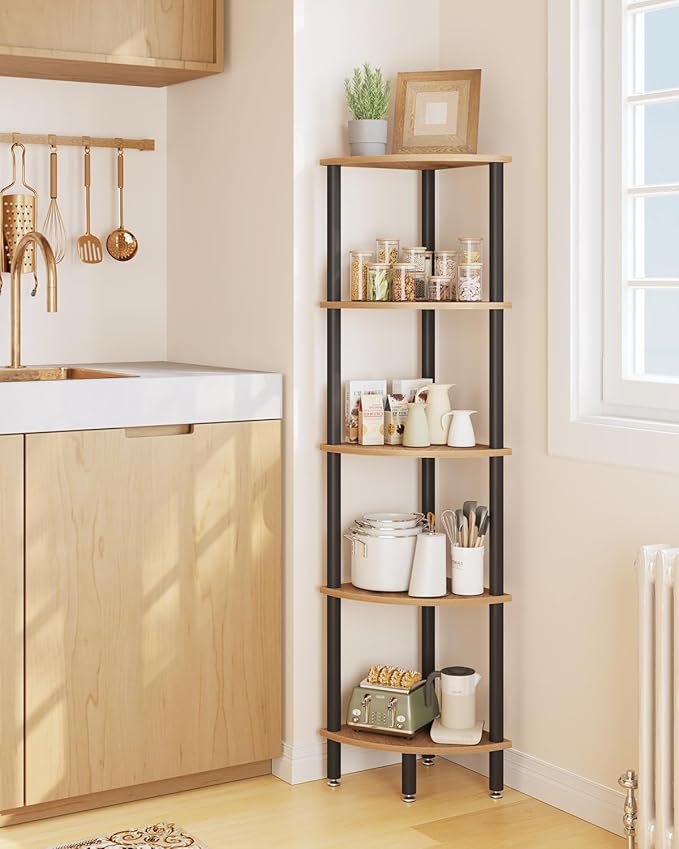 IBUYKE 5 Tier Corner Shelf Stand,Industrial Corner Display Rack,Corner Bookshelf for Living Room, Bedroom, Kitchen, Home Office, Oak WBC010K